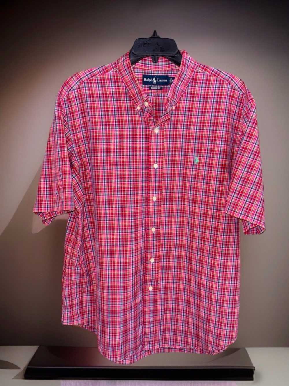 Ralph Lauren Men’s Red Plaid Short-Sleeve Button-Down Shirt w/Green Pony-XL-Fair